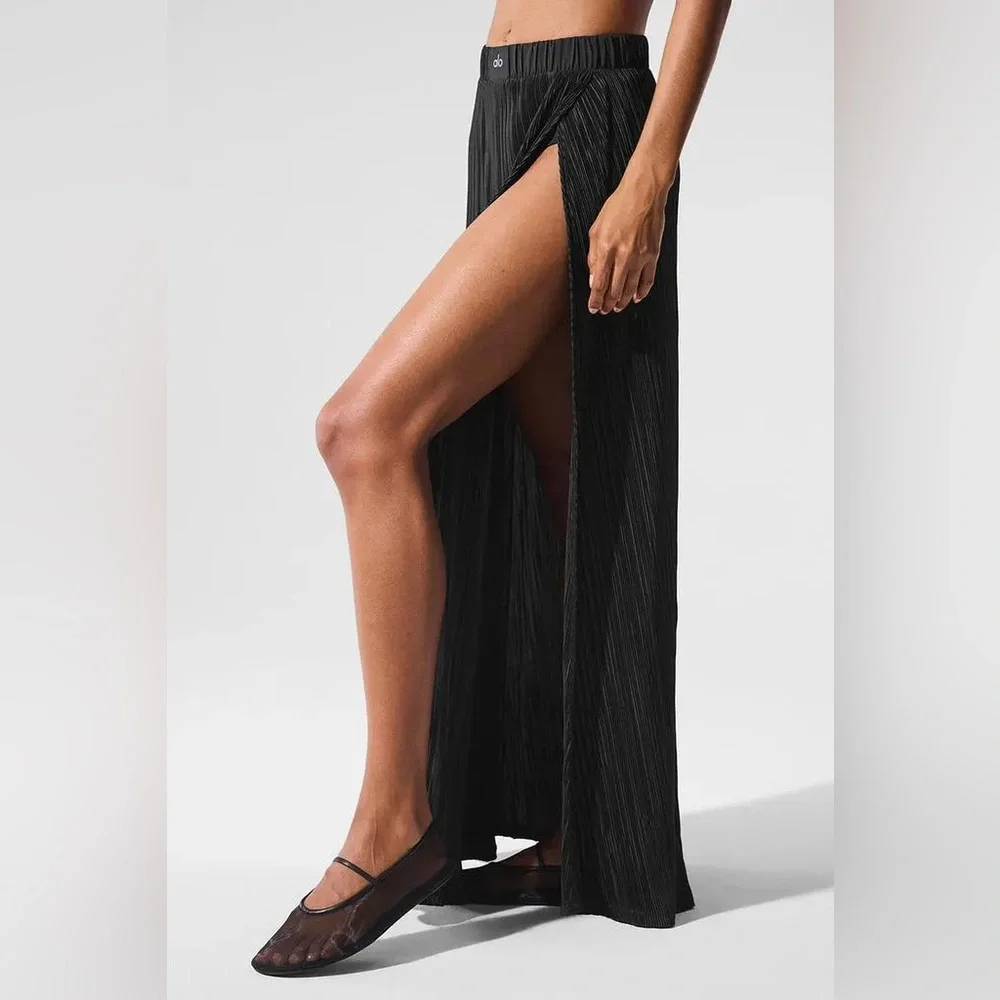 Alo Yoga Micro Plisse Game On Long Skirt Black XS